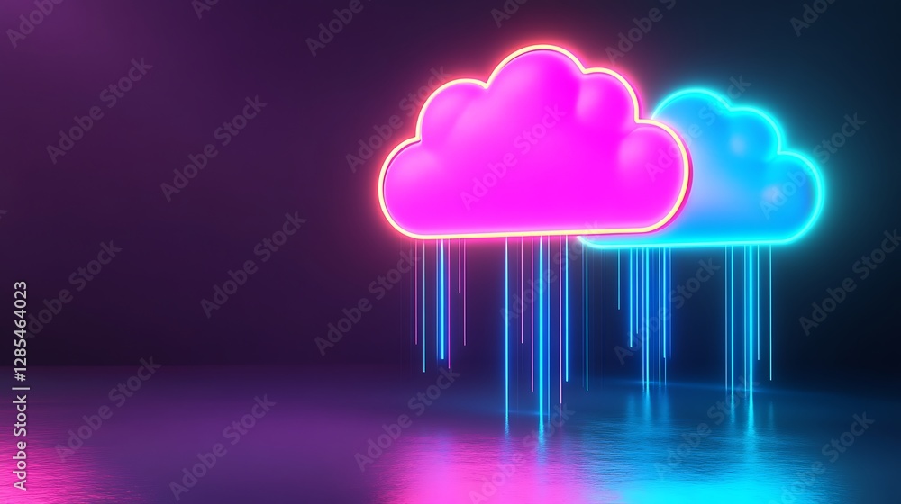 Poster neon cloud computing concept. digital data storage and transfer.
