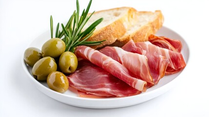 Gourmet cured ham slices with olives and bread