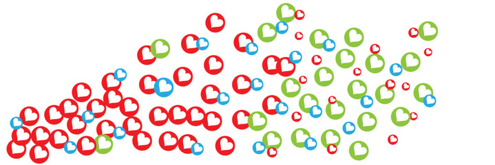 Like thumbs up and love heart icons falling on transparent background. Abstract social media symbols. Reaction counter notification icons. Social media elements. Like love emoji reactions