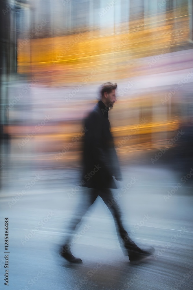 Poster dynamic urban movement of a man walking through a blurred cityscape with motion effects in the backg