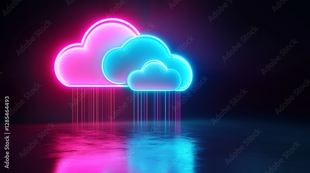 Poster neon cloud computing concept. digital data storage and transfer.