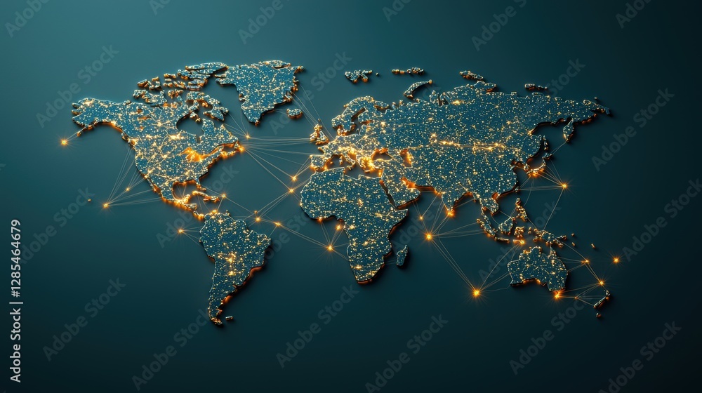 Poster a world map with glowing lines connecting major cities and continents, representing the interconnect