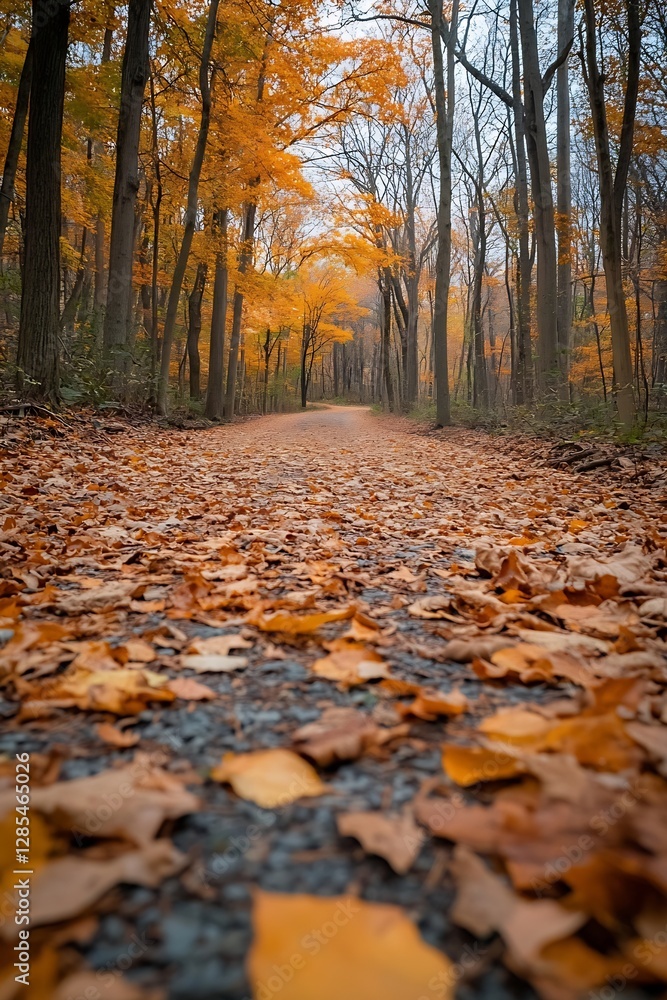 Poster beautiful autumn pathway covered in colorful leaves in serene forest : generative ai