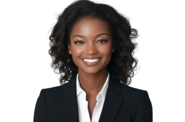 A photograph of an attractive African American female news anchor smiling, wearing a black suit with a white shirt and blazer jacket on a transparent background