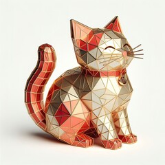 3d Geometric metallic gold red lucky cat Illustration, minimalist, white background