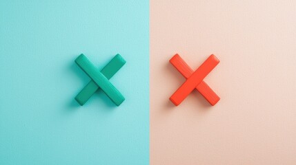 Fototapeta premium A split screen with a green checkmark on one side and a red X symbol on the other, representing success versus failure.