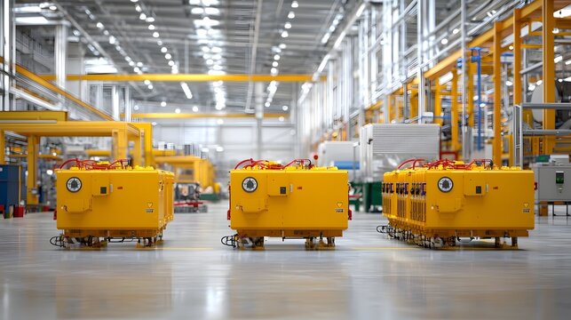 A photo showcasing a side by side comparison of oil cooled and dry type transformers arranged in a row within an industrial factory setting