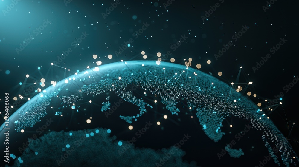 Poster an abstract representation of global connectivity with interconnected circles and glowing lines, sym