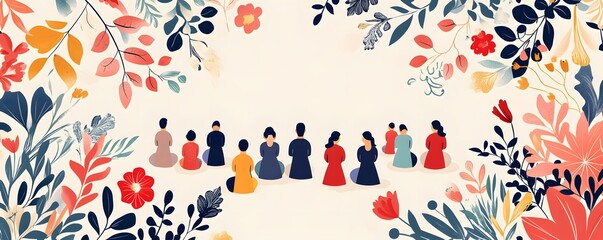 Group of people meditating surrounded by colorful floral decorations