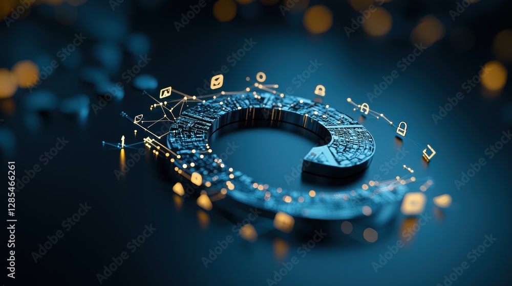 Poster a circular arrow made up of interconnected icons and symbols, representing a connected system, netwo