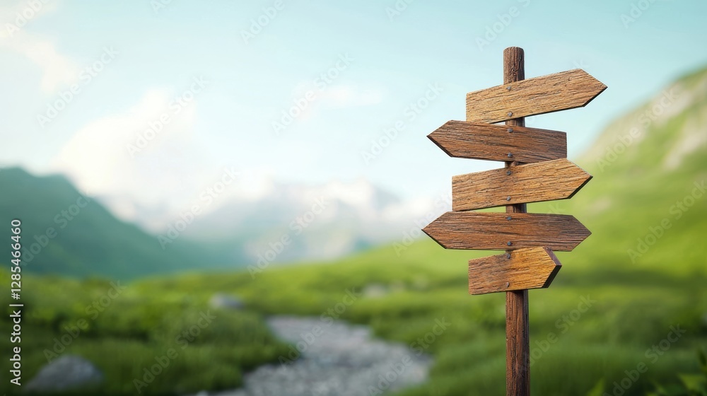 Poster a weathered wooden signpost with multiple arrows pointing in different directions, set against a sce