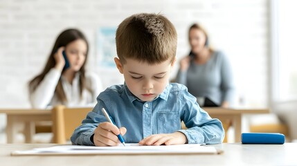 A serene study moment captures a child deeply engrossed in writing while a parent is seen in the background speaking on the phone