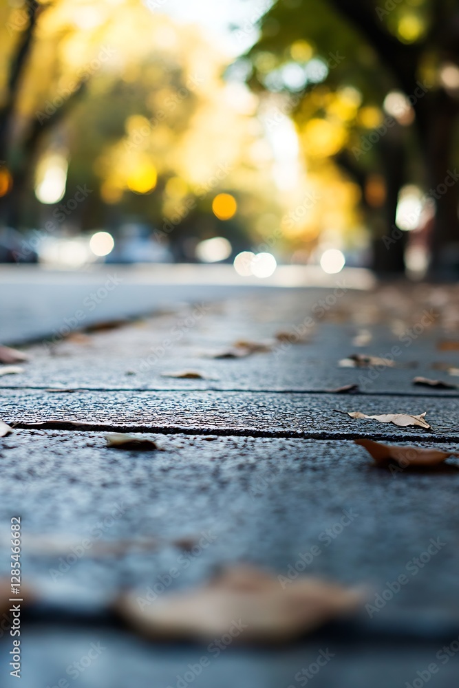 Poster Autumn street view with shallow depth of field showcasing fallen leaves on pavement : Generative AI