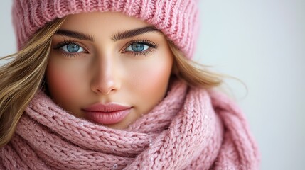 A woman is showcasing winter fashion, wearing a pink knit hat and scarf with festive Christmas...