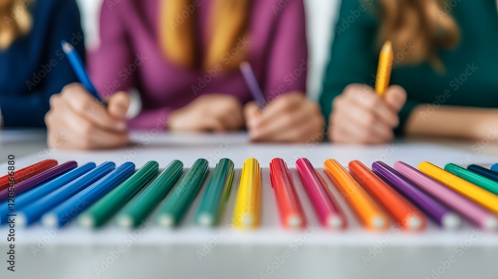 Aufkleber professionals collaborating over colorful data sheets on table in office setting