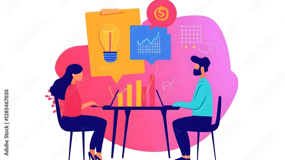 Poster collaborative brainstorming and financial analysis in a modern office setting