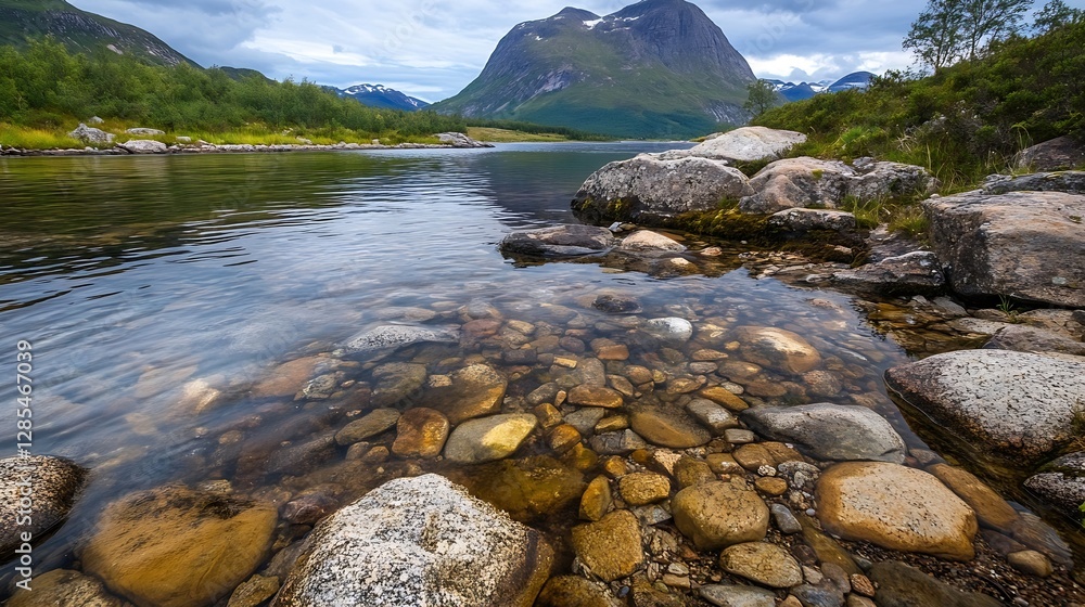 Poster scenic lake surrounded by mountains and lush greenery under a cloudy sky : generative ai