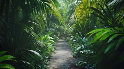 Lush tropical jungle path, dense greenery enveloping serene walkway, perfect for nature exploration or adventure themes.