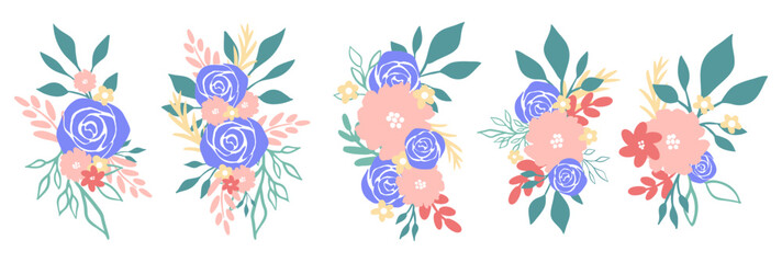 Elegant floral design combining delicate blue flowers and natural elements. Flower arrangements are perfect for wedding cards, booklets, postcards and other layouts. Vector illustration