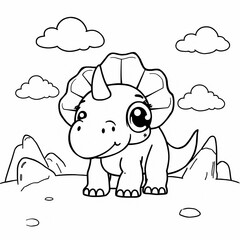 Fototapeta premium Cute Baby Triceratops Cartoon Black and White Line Drawing Coloring Book Kawaii Dinosaur Big Eyes Simple Landscape Children’s Illustration