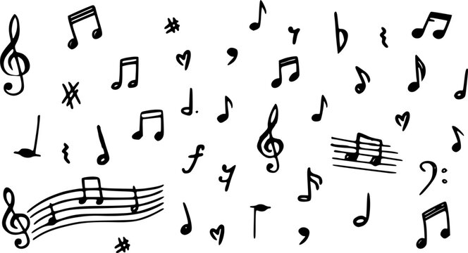 Music notes on a white background. Hand drawn music note. Doodle drawing music symbol sketch. Vector icons
