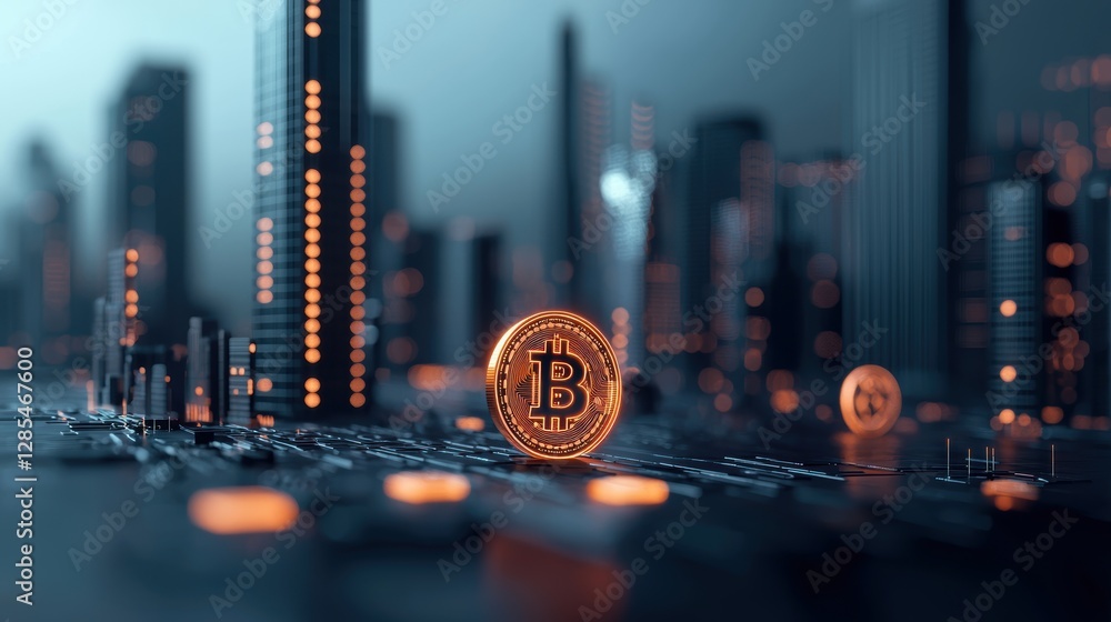Poster a futuristic cityscape with holographic projections of cryptocurrency symbols and blockchain diagram