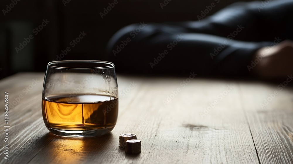 Poster elegant glass of amber whiskey captured on rustic wooden table with soft focus background : generati