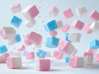 Colorful marshmallows in free fall, sweet delight.