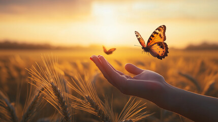 A colorful butterfly resting on a hand surrounded by vibrant flowers and greenery
