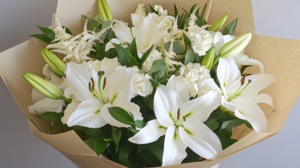 Elegant bouquet of white lilies and carnations in kraft paper.