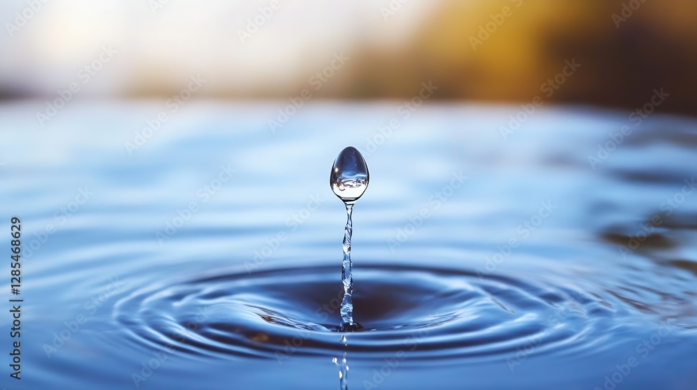 Poster close-up image of a water droplet gracefully falling into a calm pool creating ripples : generative 