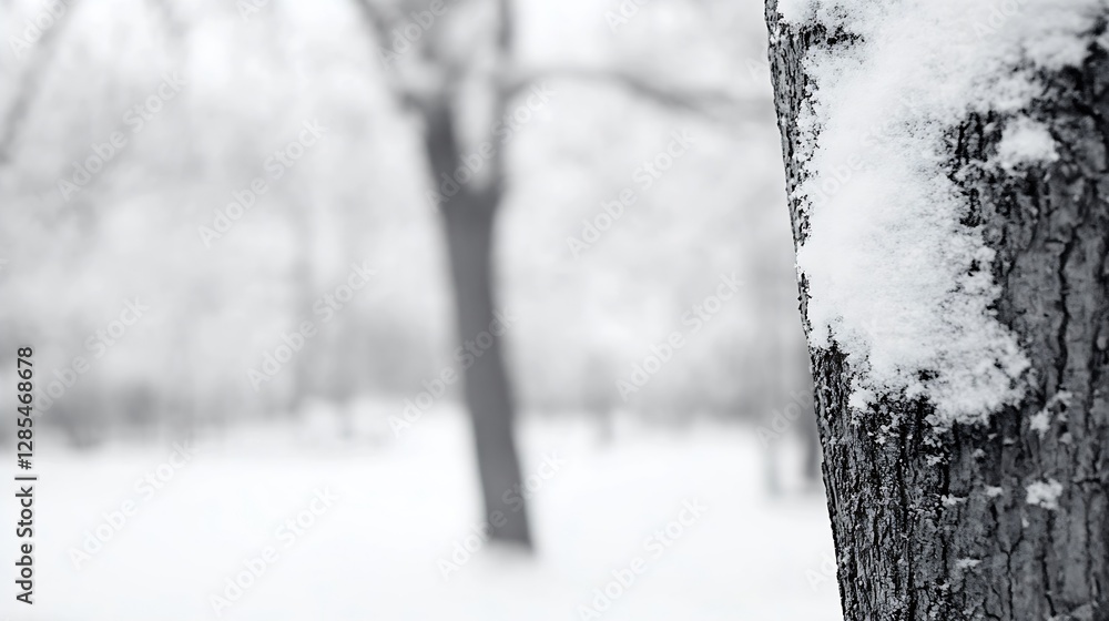Poster serene winter scene with snow-covered tree trunk in a blurred white landscape : generative ai