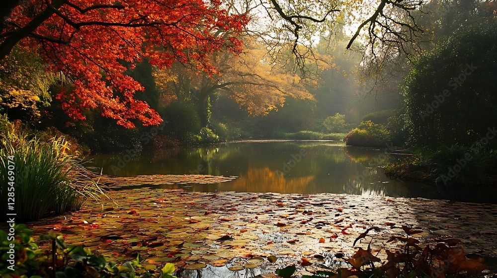 Poster autumn scene with vibrant red leaves and serene water reflections creating a picturesque landscape :