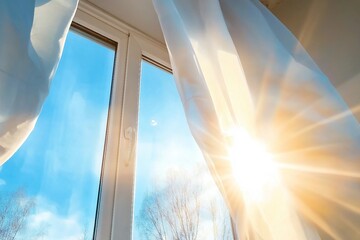 Window is open wind blows curtain sun shining through window blue sky background