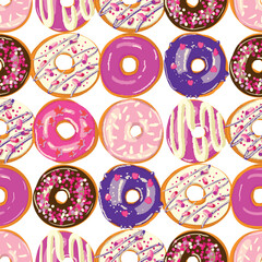 Fototapeta premium A seamless pattern of donuts with various pink purple and violet toppings.