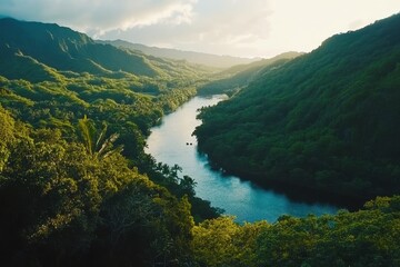 Serene Hawaiian river flows through lush forest at sunset, showcasing natural beauty and tranquility, Hawaiian river from forest - steady cam tracking shot