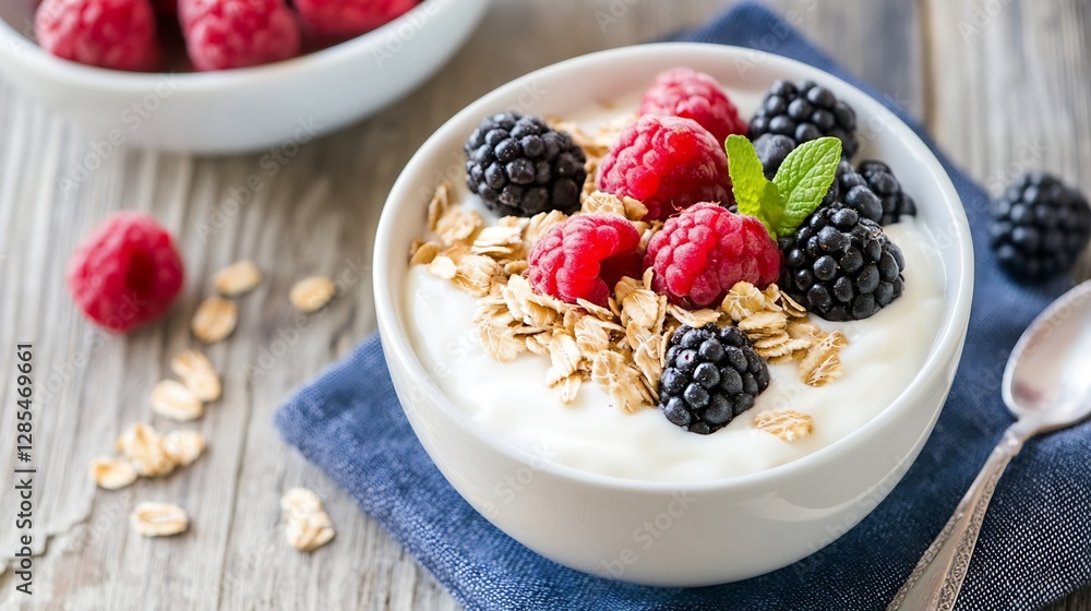 Aufkleber healthy yogurt bowl with fresh berries and granola in bright setting : generative ai