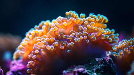 A close up of a coral reef with a bright orange and blue flower