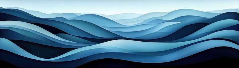 Abstract artwork featuring flowing waves in various shades of blue, creating a serene and calming landscape.