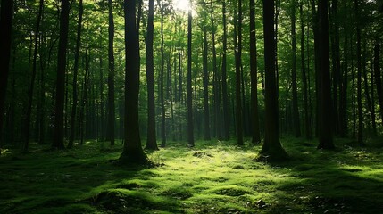 Obraz premium Serene Sunlit Forest with Tall Trees and Lush Green Moss Covered Ground : Generative AI
