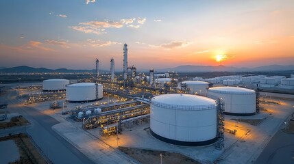 Aerial view of a large industrial storage facility with numerous cylindrical tanks holding refined petroleum products such as gasoline and diesel fuel set against a picturesque sunset sky with clouds