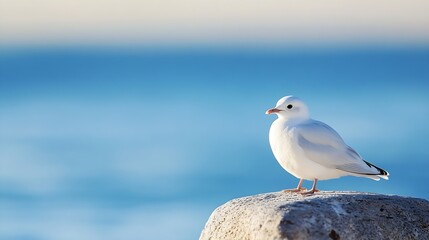 Obraz premium Serene Seagull Standing on Rock with Peaceful Ocean View in the Background at Dawn : Generative AI