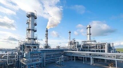 Obraz premium Aerial view of a sprawling oil refinery complex with towering distillation columns interconnected pipelines and a dense industrial landscape This image showcases the scale complexity