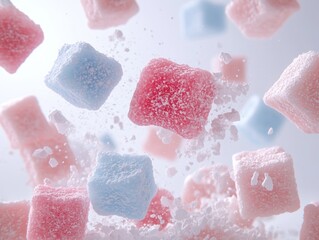 Fototapeta premium Colorful sugar cubes in mid-air for sweet delight.