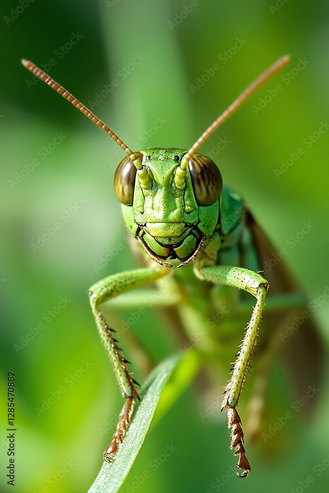Poster Close-up of a green grasshopper perched on a leaf with a blurred background : Generative AI