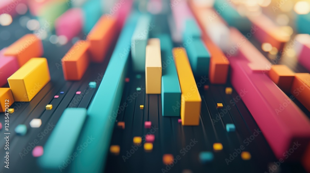 Poster a dynamic array of colorful, three dimensional bars rising and falling on a dark background, represe