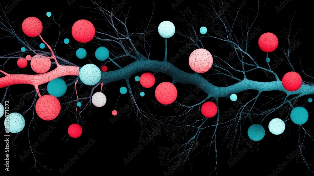 Poster a network of interconnected nodes with lines of varying thickness and color, illustrating the comple