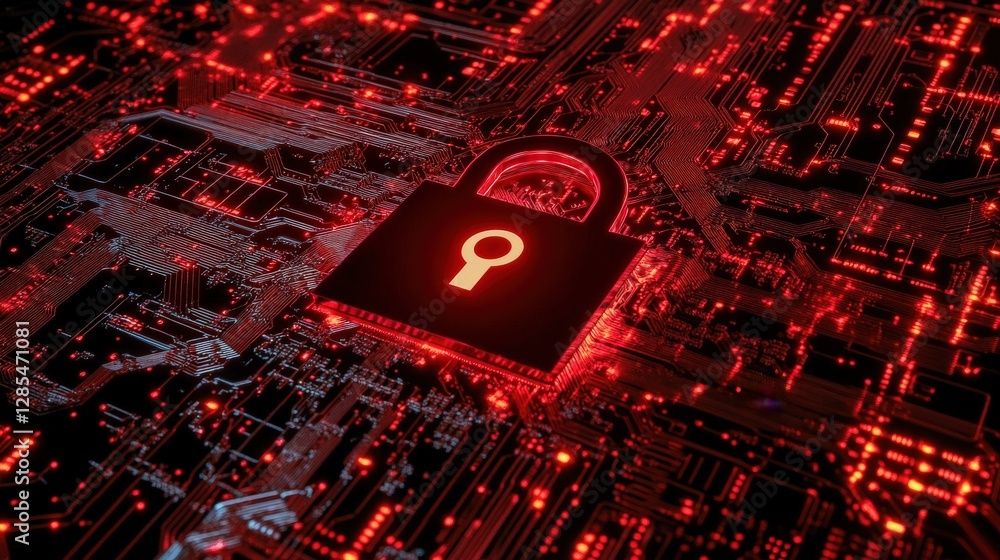 Poster red illuminated padlock on circuit board representing digital security