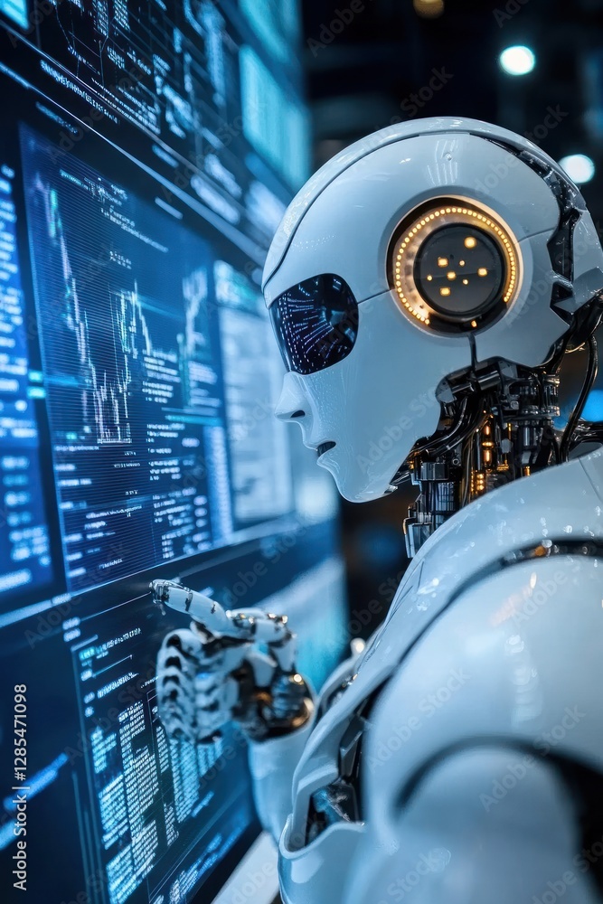 Poster futuristic robot analyzing data in a tech environment