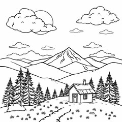 Mountain Landscape Illustration Black and White Snowy Peak Cozy Cabin Pine Forest Rolling Hills Wildflower Meadow Rustic Nature Sketch Hand Drawn